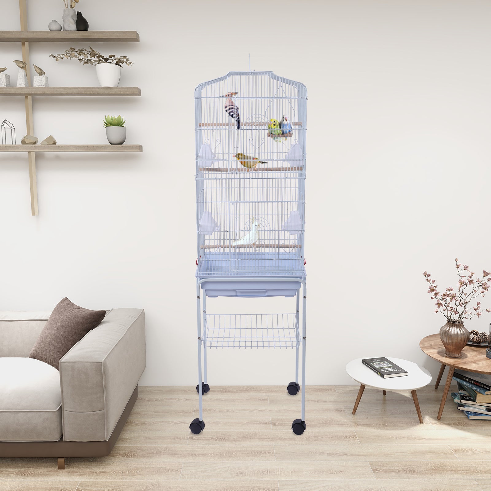 59" Bird Cage Pet Supplies Metal Cage with Rolling Stand White YF