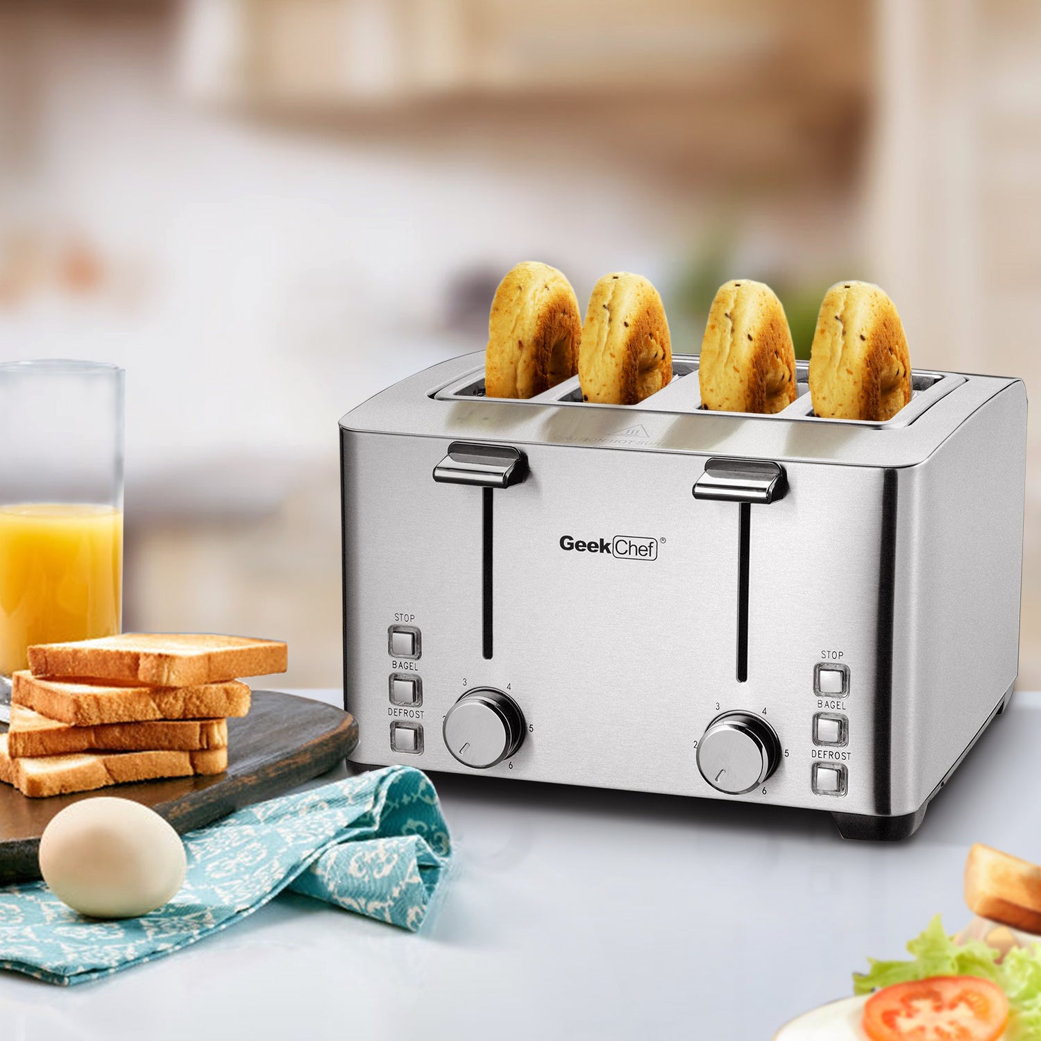 Toaster 4 Slice, Geek Chef Stainless Steel Extra-Wide Slot Toaster with Dual Control Panels of Bagel/Defrost/Cancel Function, 6 Toasting Bread Shade Settings, Removable Crumb Trays, Auto Pop-Up