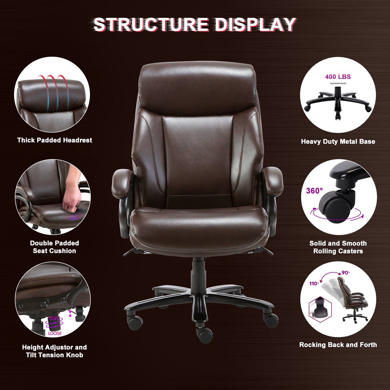 High Back Big & Tall 400lb Bonded Leather Office Chair Large Executive Desk Computer Swivel Chair - Heavy Duty Metal Base, Adjustable Tilt Angle, Ergonomic Design for Lumbar Support