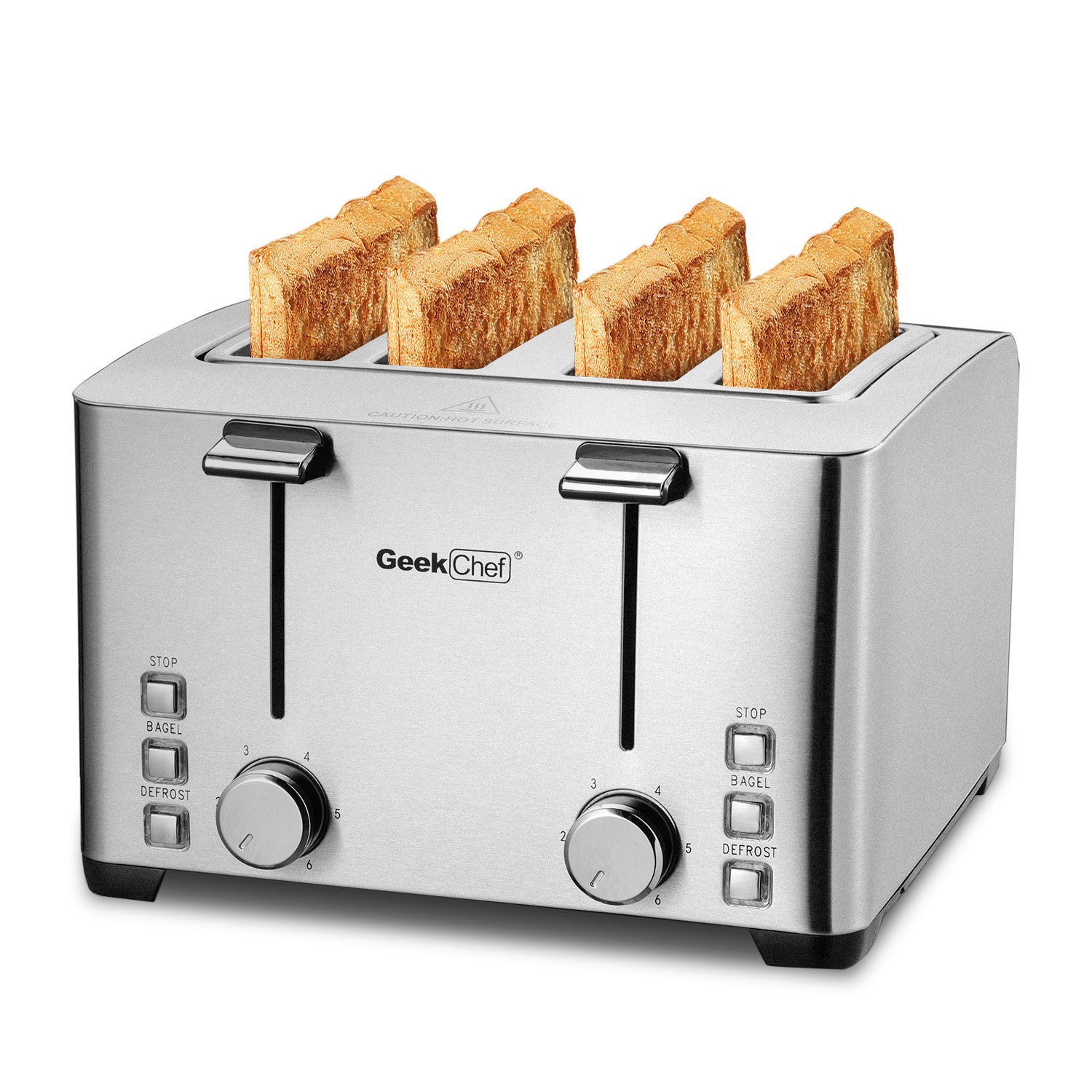 Toaster 4 Slice, Geek Chef Stainless Steel Extra-Wide Slot Toaster with Dual Control Panels of Bagel/Defrost/Cancel Function, 6 Toasting Bread Shade Settings, Removable Crumb Trays, Auto Pop-Up