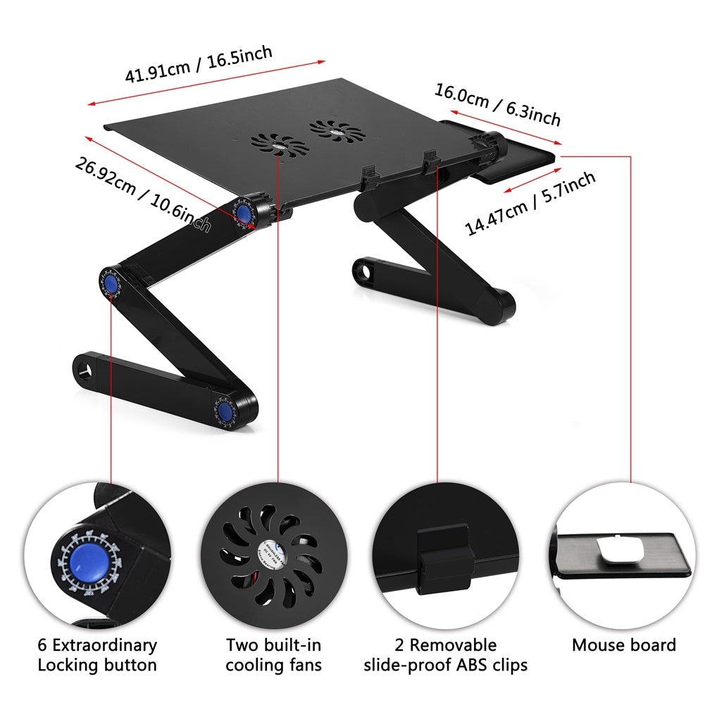 360° Adjustable Foldable Laptop Desk Table Stand Holder w/ Cooling Dual Fan Mouse Boad Black YJ