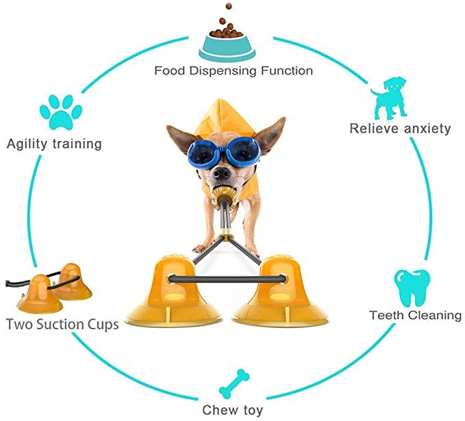 Two Suction Cup Tug Dog Toy, Dog Self-Playing Tug of War Pet Molar Bite Toy with Suction pup tug Toy, Chew Ball Dog Rope Toy for Biting and Food Dispensing