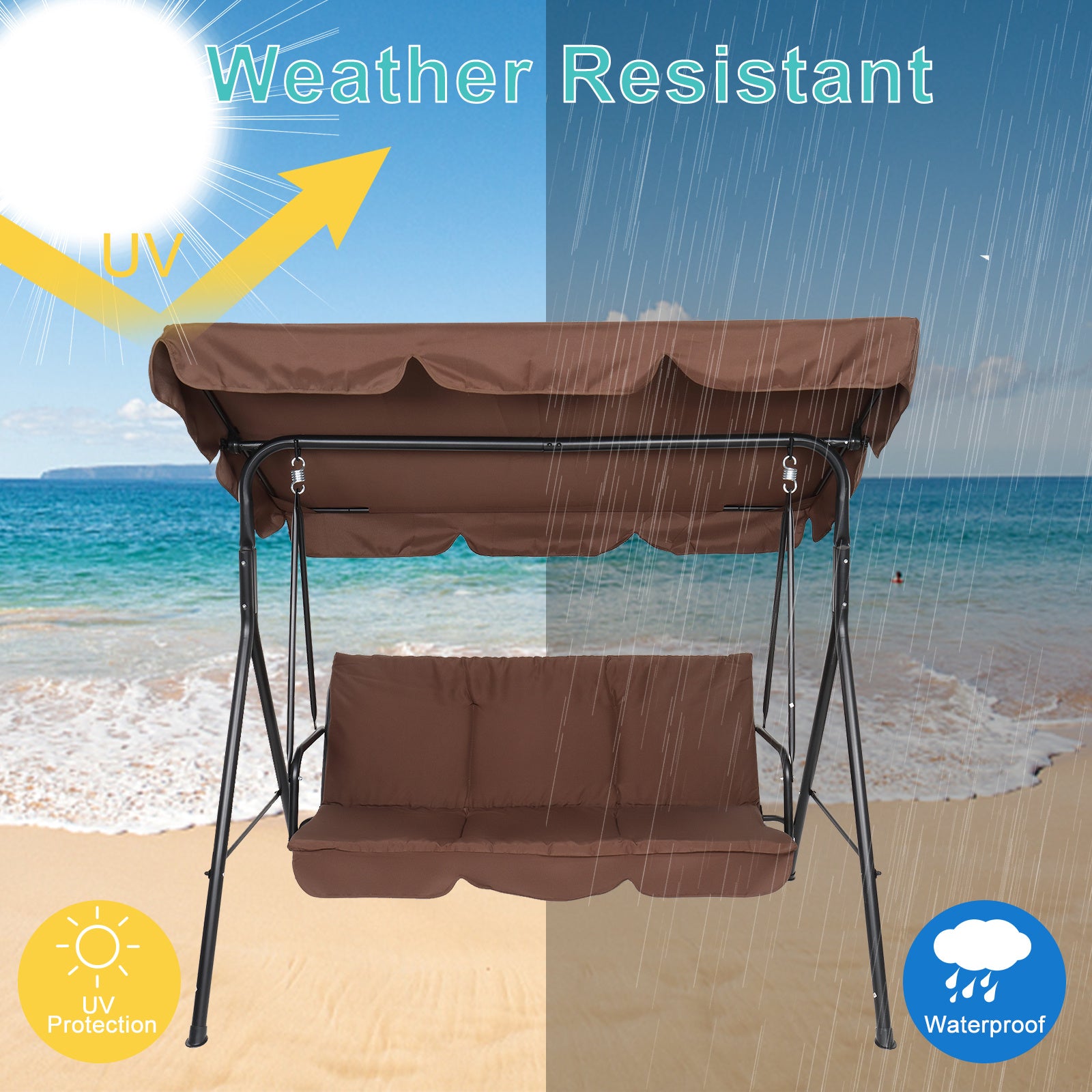 Free shipping Stable and durable three-person greenhouse coffee garden swing chair with roof 170*110*153cm With Canopy and Cushion 250kg Load-Bearing Iron Swing Brown YJ