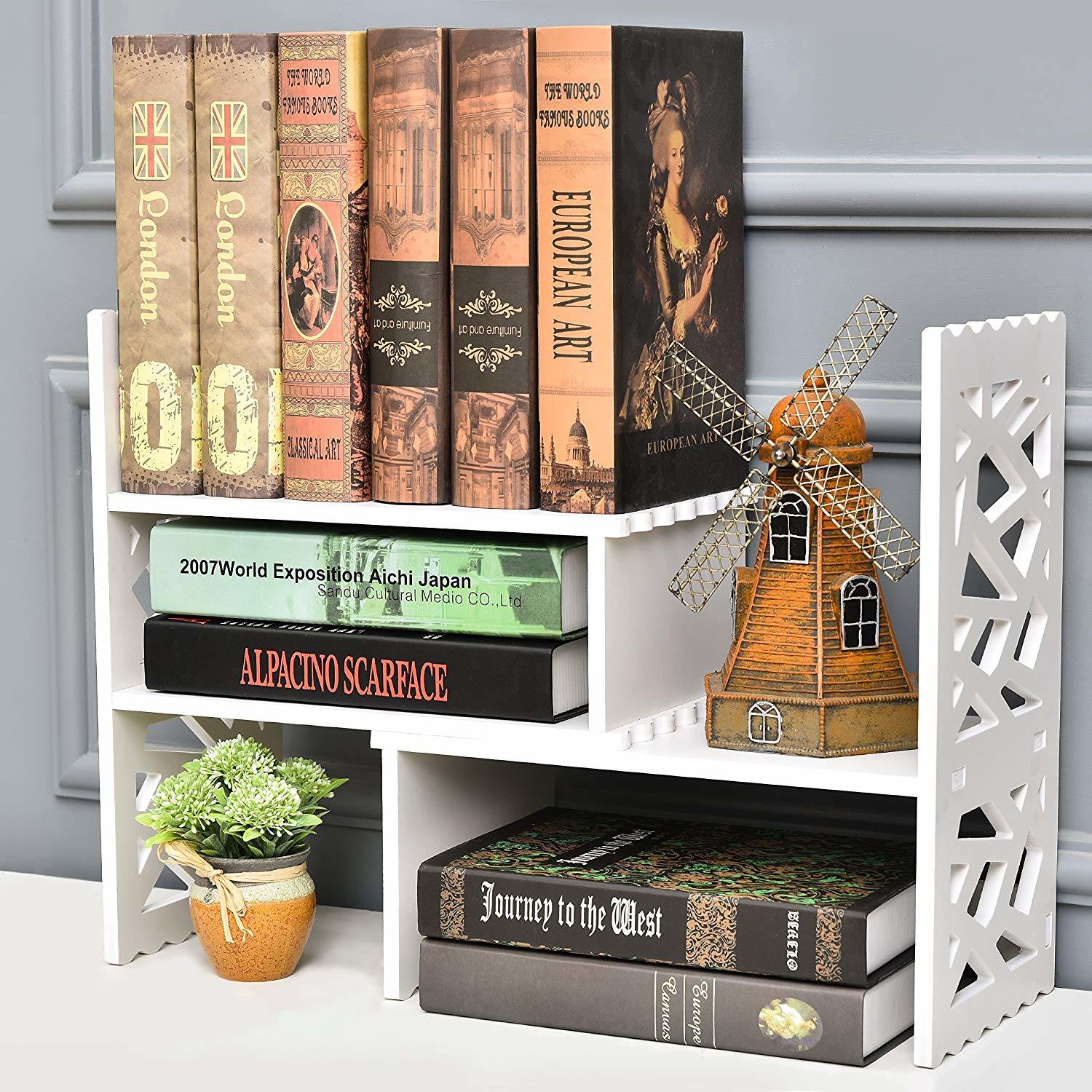 Free shipping Expandable Openwork Desktop Bookshelf Organizer Shelving Unit White Matte Finish YJ