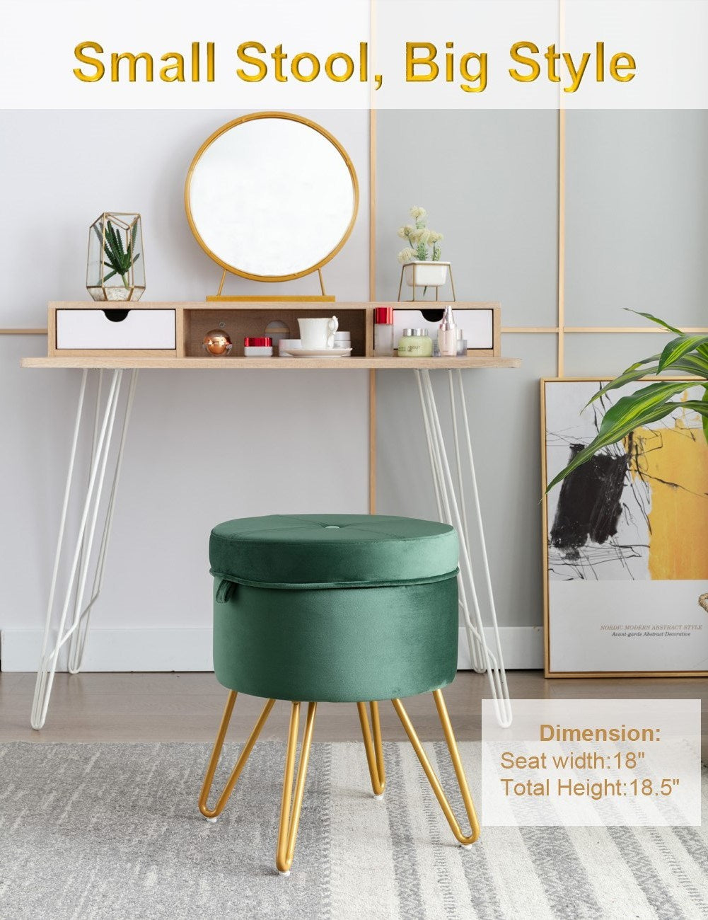 CoVibrant Velvet Vanity Stool with Storage and Tray Mid Century Small Round Ottoman for Bedroom Makeup Desk Living Room