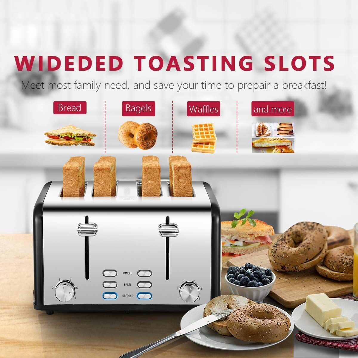 Toaster 4 Slice, Geek Chef Stainless Steel Extra-Wide Slot Toaster with Dual Control Panels of Bagel/Defrost/Cancel Function, 6 Toasting Bread Shade Settings, Removable Crumb Trays, Auto Pop-Up