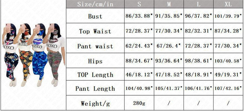 Women Letters Floral Lips Print Summer Leggings Set Women Three Piece Set with Mask Outfits Short Sleeves T shirt Pants Sport Suit Tracksuit Sportswear D61908
