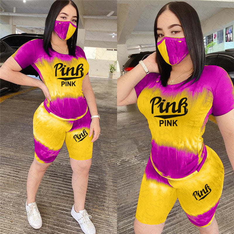 Women Summer Designer Tracksuit Pink Letter Print Two Piece Outfit Color Tie-Dye T-shirts Tendy Tops and Biker Shorts Sets Gradient Sportwear D52710