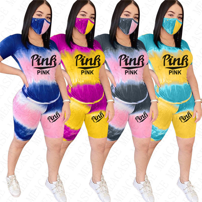 Women Summer Designer Tracksuit Pink Letter Print Two Piece Outfit Color Tie-Dye T-shirts Tendy Tops and Biker Shorts Sets Gradient Sportwear D52710