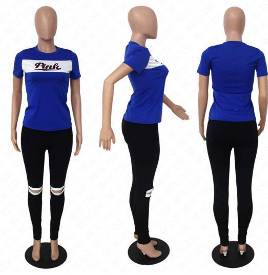 Women Tracksuit Pink Letters Print Summer T Shirt + Pants Two Pieces Sport Suit Designer Bare-kneed Leggings Tshirts Casual Outfits S-2XL D61708