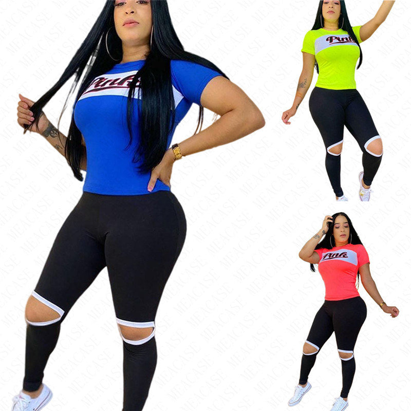 Women Tracksuit Pink Letters Print Summer T Shirt + Pants Two Pieces Sport Suit Designer Bare-kneed Leggings Tshirts Casual Outfits S-2XL D61708