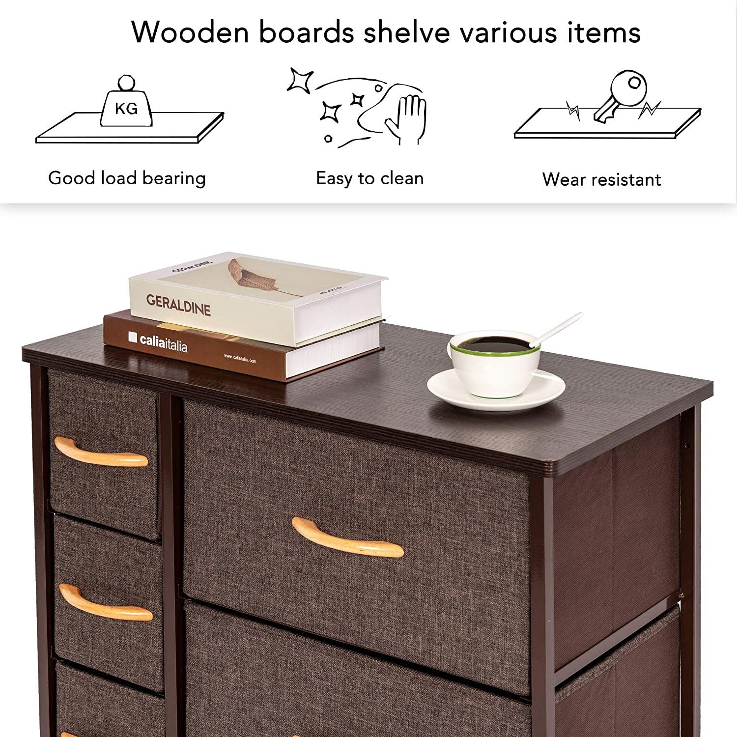 Dresser Storage Tower with 7 Drawers, Sturdy Steel Frame, Wood Top, Easy Pull Fabric Bins, Wood Handles, Organizer Unit for Bedroom, Entryway, Hallway, Closets - Brown