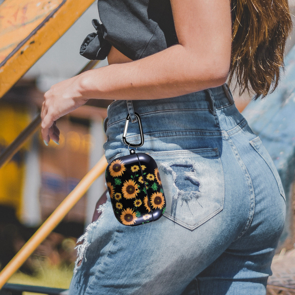 Case Cover with Sunflower Skin,OLEBAND Cute Hard Protective Shockproof Accessory with Keychain for Men Women and Girls,Compatible for Apple Airpods Pro 3 Charging Case Front LED