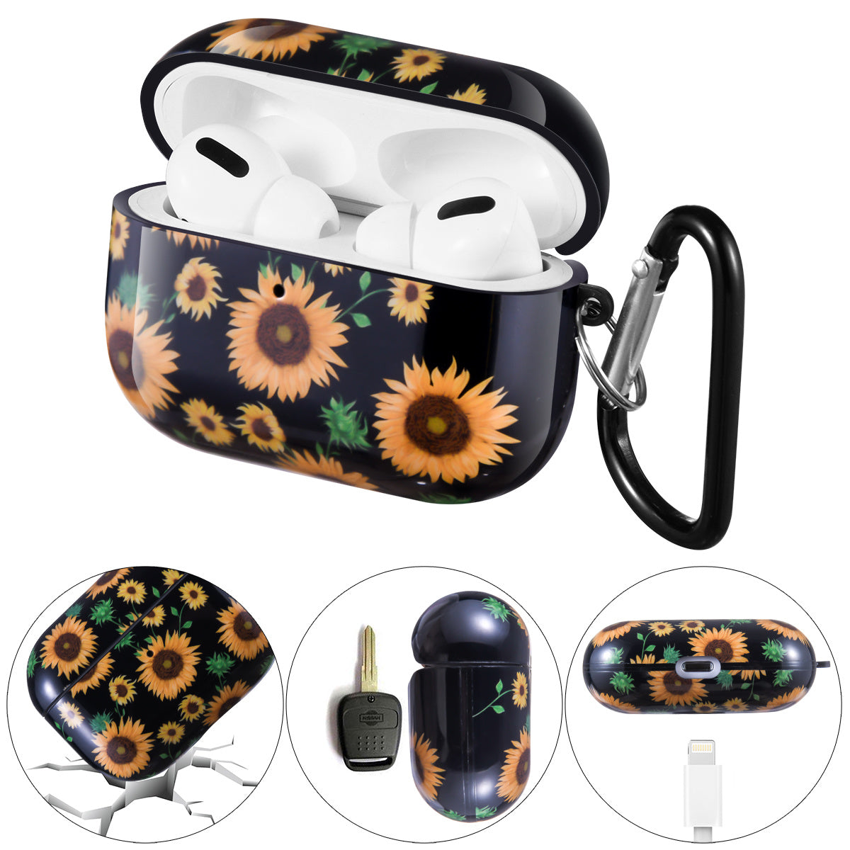 Case Cover with Sunflower Skin,OLEBAND Cute Hard Protective Shockproof Accessory with Keychain for Men Women and Girls,Compatible for Apple Airpods Pro 3 Charging Case Front LED