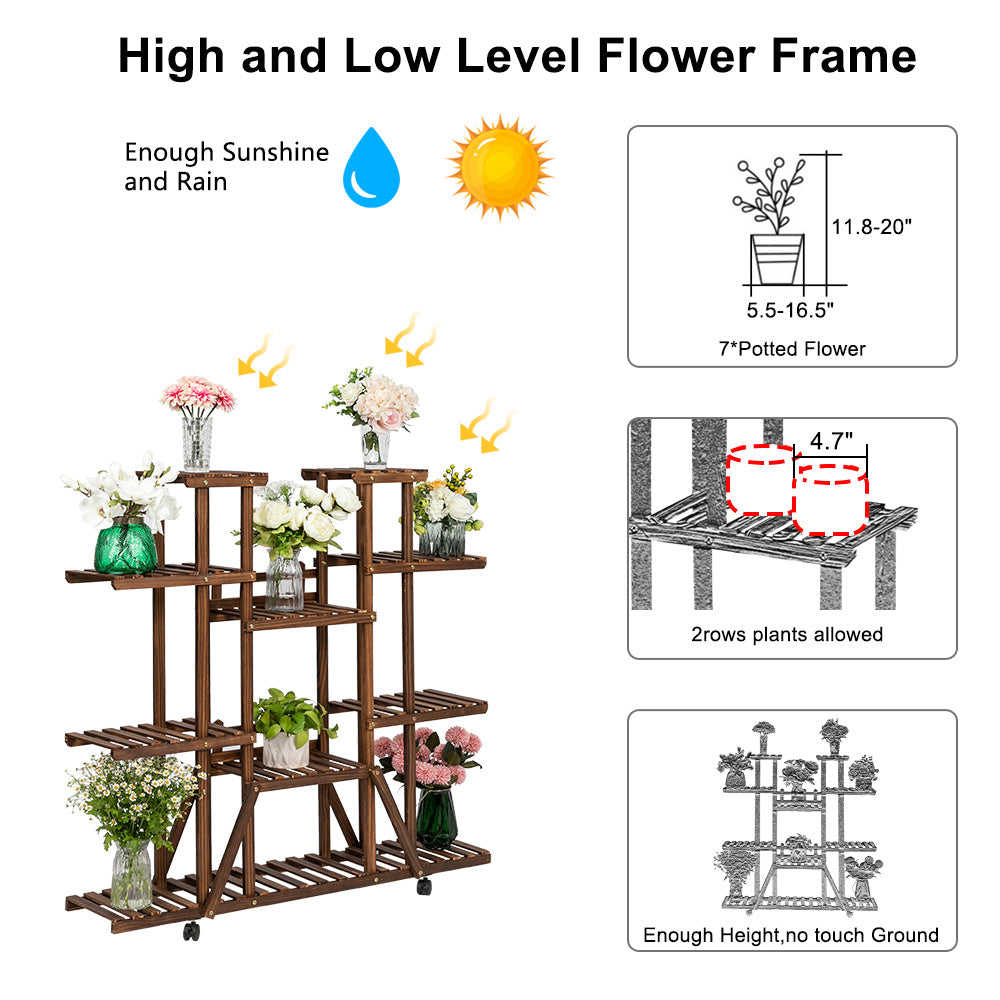 4-Layer Wooden Flower Stands Rolling Flower Plant Display Shelf Storage Rack Ladder Stand Rack Corner Plant Stand Living Room Balcony Patio Yard Outdoor Indoor Ample 12 Pots Brown