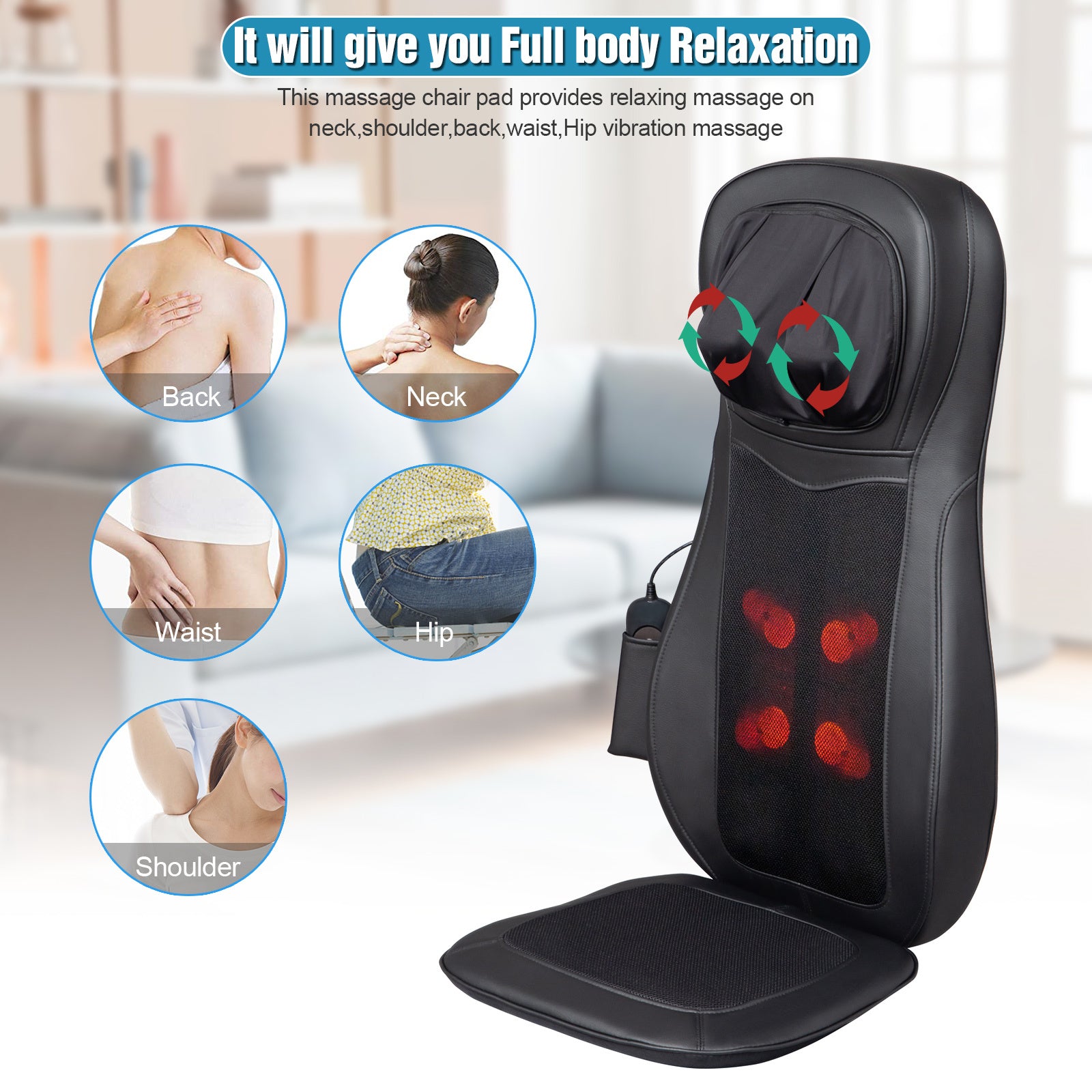 Zokop Shiatsu Neck & Back Massager with Heat, Full Back Kneading Shiatsu or Rolling Massage with Height Adjustment, Three-stage Vibration Massage for Buttocks ,Massage Chair Pad YF