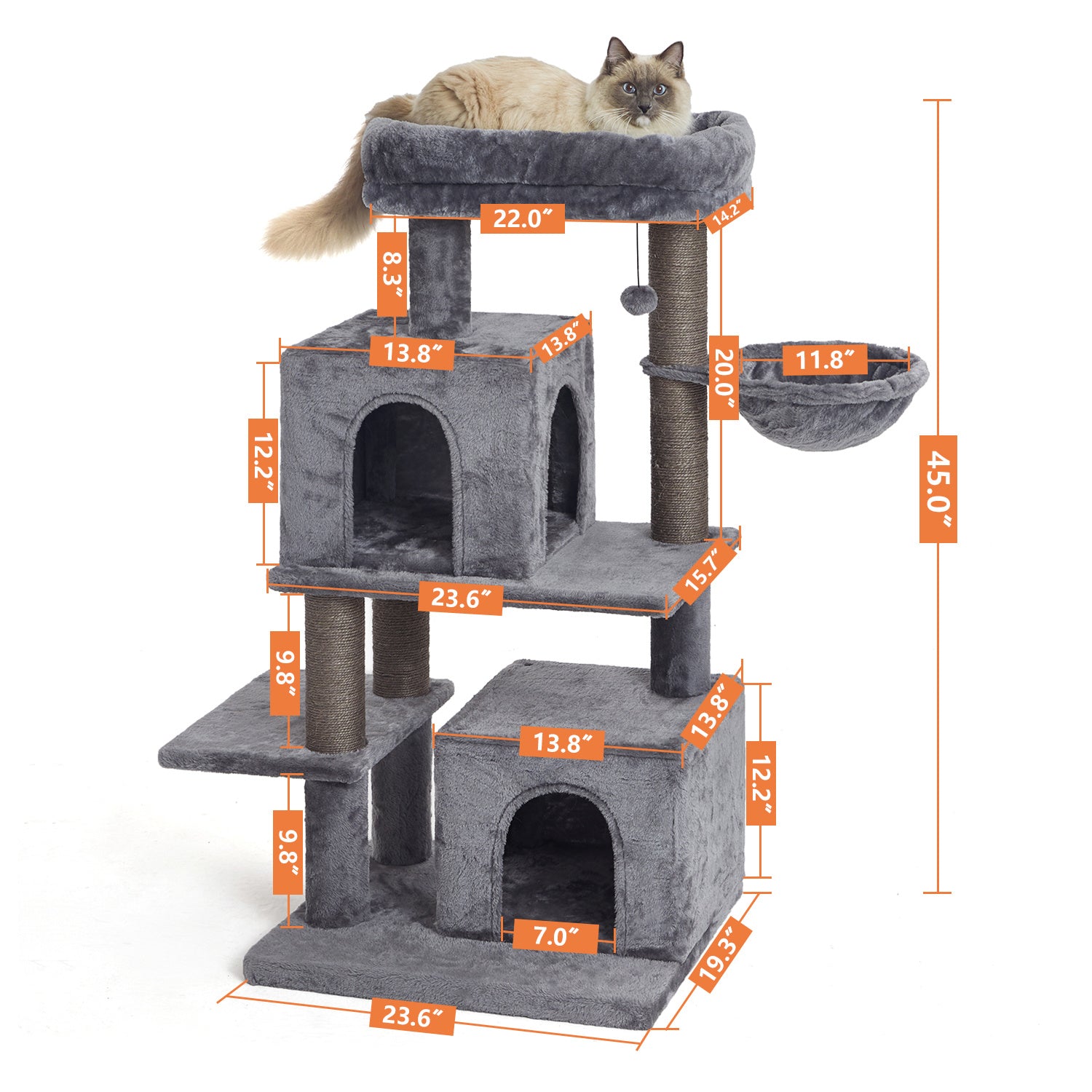 45 Inches Multi-Level Cat Tree with Sisal-Covered Scratching Posts, Replaceable Dangling Ball, Hammock and Condo for Large Cats YF