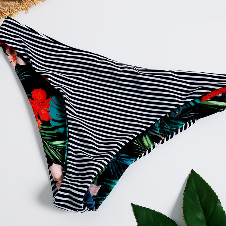 Exotic Sexy Beautiful Women BlackStriped Summer Floral Thong Bikini Swimsuit Swimwear With Sleeve