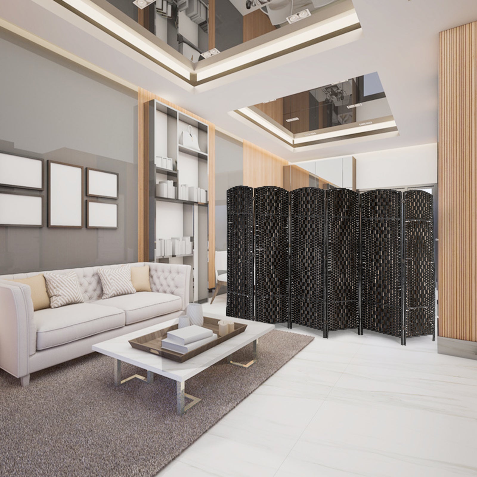 Room Divider, Weave Fiber Extra Wide Room Divider, Double Hinged,6 Panel Room Divider & Folding Privacy Screens, Freestanding Room Dividers RT