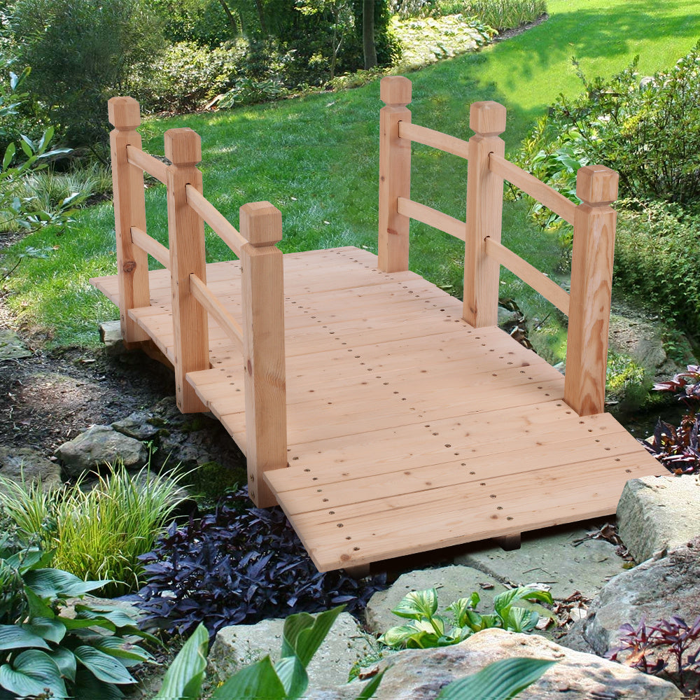Free shipping Garden Bridge, Classic Wooden Arch with Safety Rails Natural Finished Footbridge, Decorative Pond Landscaping, Backyard Creek or Farm YJ