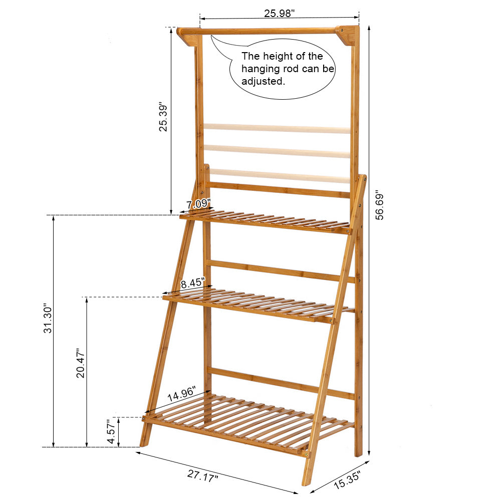 Free shipping 100% Bamboo Plant Frame Three Layers, Balcony Bamboo Frame Folding With Hanging Rod Flower Frame, Indoor Office Balcony, Living Room, Outdoor Garden Decoration YJ