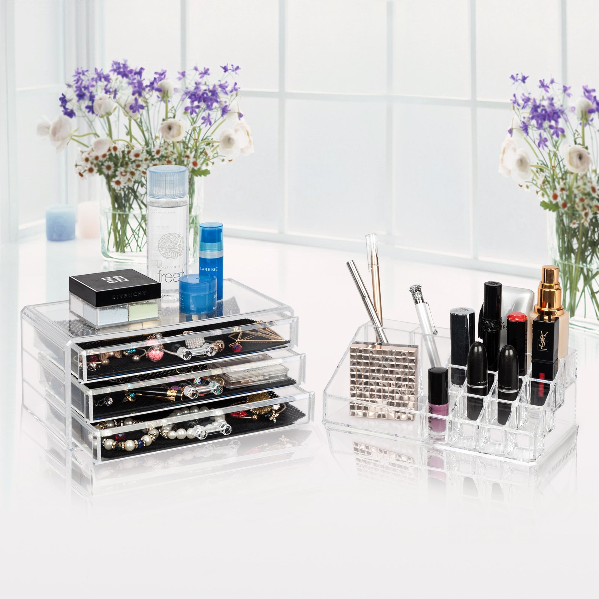 Home Use Space-saving Rectangular Compartments & 3-Layer Drawers Integrated Plastic Makeup Case YF