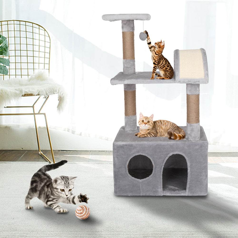 39" Cat Tree Tower with Plush Condos, Scratching Post, Toy, Light Grey YF
