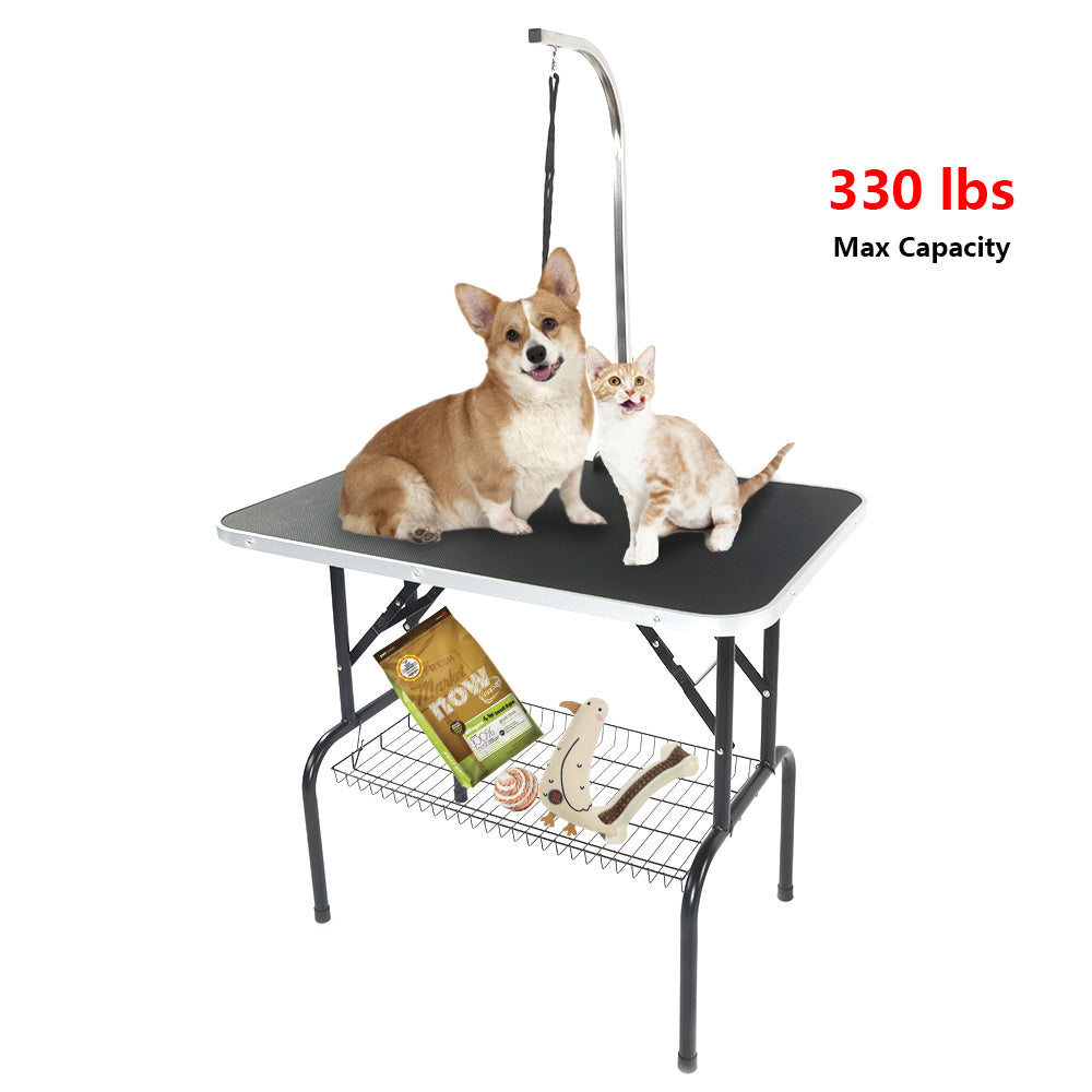 32" Foldable Pet Grooming Table with Mesh Tray and Adjustable Arm Silver Base with Black Table YF
