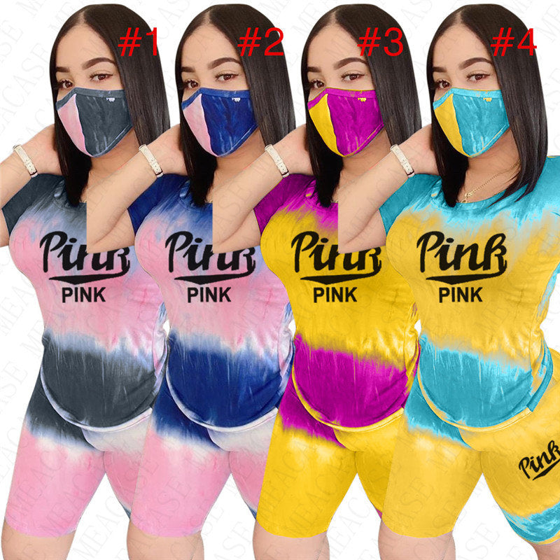 Women Summer Designer Tracksuit Pink Letter Print Two Piece Outfit Color Tie-Dye T-shirts Tendy Tops and Biker Shorts Sets Gradient Sportwear D52710