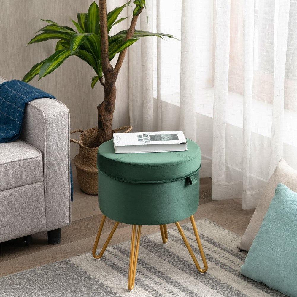 CoVibrant Velvet Vanity Stool with Storage and Tray Mid Century Small Round Ottoman for Bedroom Makeup Desk Living Room
