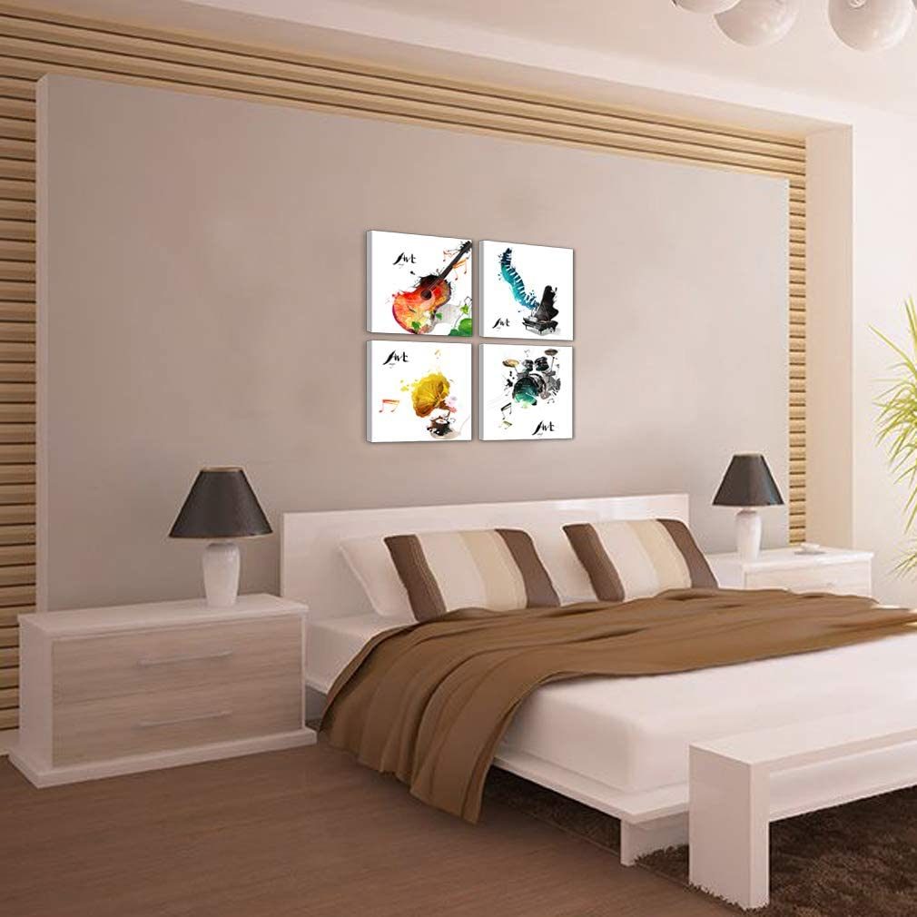 4 Pieces Canvas Wall Art Guitar Piano Phonograph and Drum Set Four Kinds of Classical Music Instruments Picture Music Painting Giclee Art for Home Decor Framed Ready to Hang (Guitar, 12x12inchx4pcs)