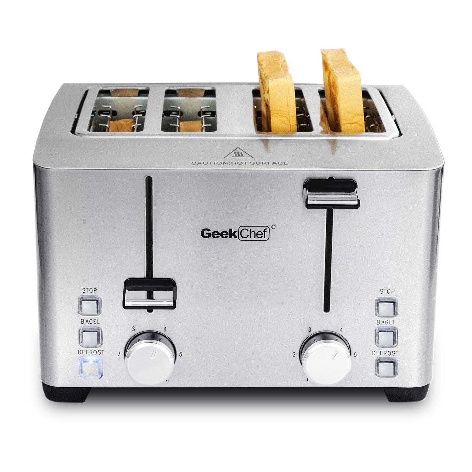 Toaster 4 Slice, Geek Chef Stainless Steel Extra-Wide Slot Toaster with Dual Control Panels of Bagel/Defrost/Cancel Function, 6 Toasting Bread Shade Settings, Removable Crumb Trays, Auto Pop-Up
