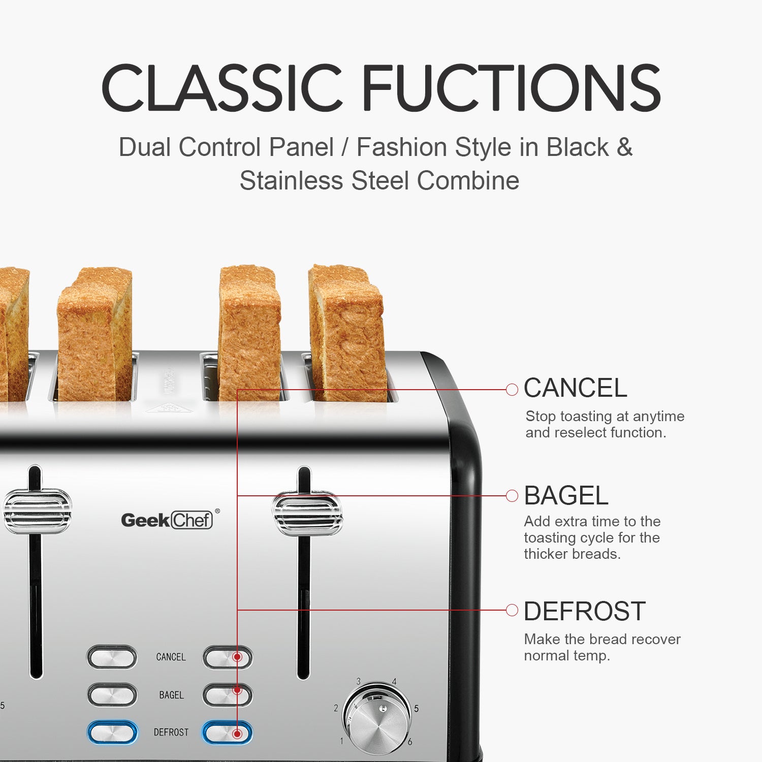Toaster 4 Slice, Geek Chef Stainless Steel Extra-Wide Slot Toaster with Dual Control Panels of Bagel/Defrost/Cancel Function, 6 Toasting Bread Shade Settings, Removable Crumb Trays, Auto Pop-Up