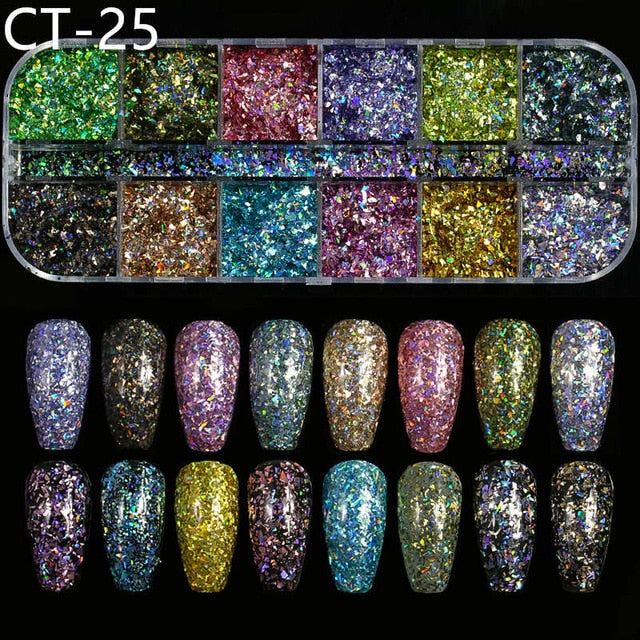 12 Grids/Set Mixed size Nail Glitter Flakes 3D Sequins Paillette Powder Charm Nail Art Decoration Manicure tools CT01-20