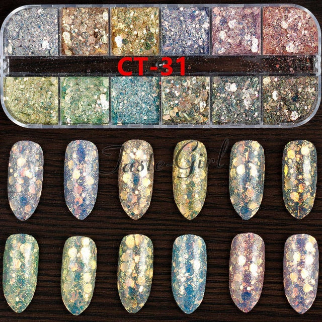 12 Grids/Set Mixed size Nail Glitter Flakes 3D Sequins Paillette Powder Charm Nail Art Decoration Manicure tools CT01-20