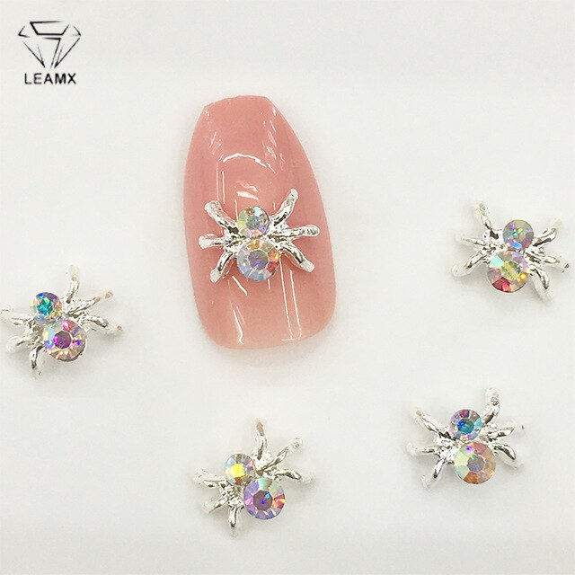LEAMX 10pcs Alloy Spider Nail Art Decorations 3D AB/White Rhinestone Adornment Spider Nail Jewelry Sparkling Nail Supplies L459