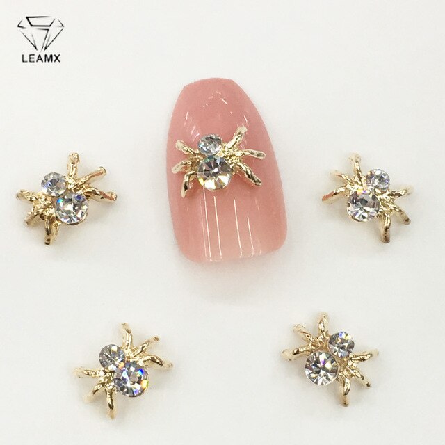 LEAMX 10pcs Alloy Spider Nail Art Decorations 3D AB/White Rhinestone Adornment Spider Nail Jewelry Sparkling Nail Supplies L459