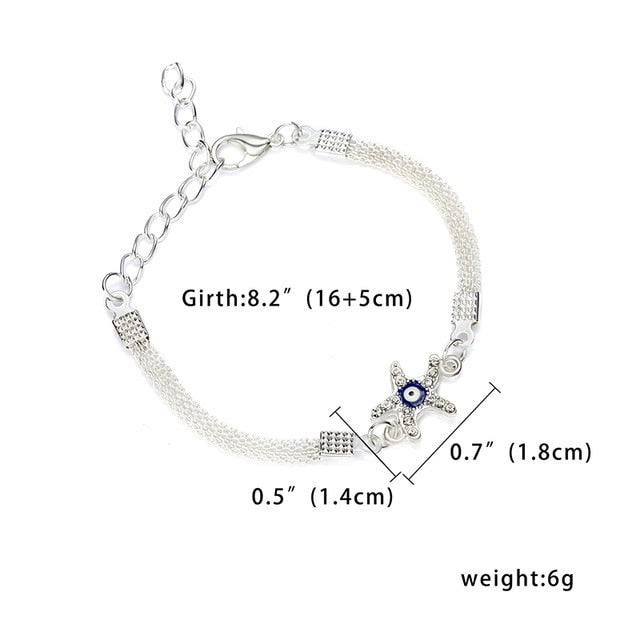 Trendy Silver Plated Blue Crystal Eyes Lucky Bracelets Turkish Evil Eye Star Palm Coconut Tree Charm Chain Bracelet for Women