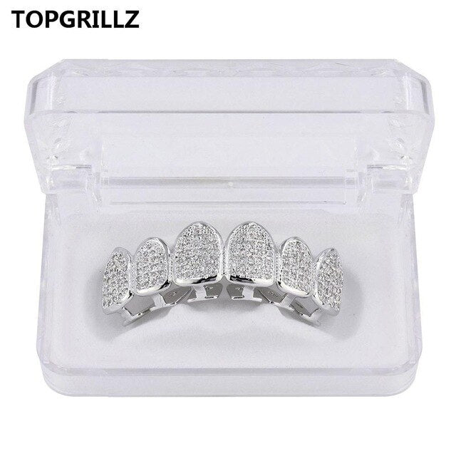 TOPGRILLZ Hip Hop Gold Color Plated Teeth Grillz Caps CZ Micro Pave Exclusive Luxury Top&Bottom Gold Grillz Set Ship From US