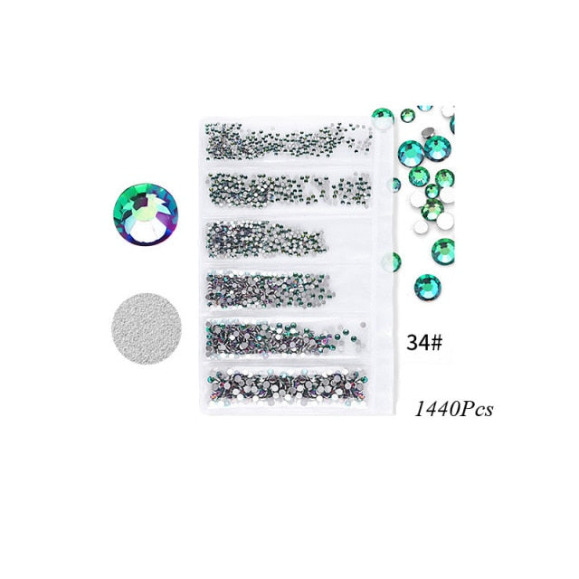 Swarovsky 35 Colors SS3-SS10 1440Pcs Flatback Charm Glass Gems Diamonds Nail Crystals Nail Art Decoration