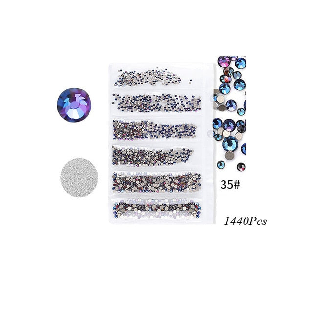 Swarovsky 35 Colors SS3-SS10 1440Pcs Flatback Charm Glass Gems Diamonds Nail Crystals Nail Art Decoration