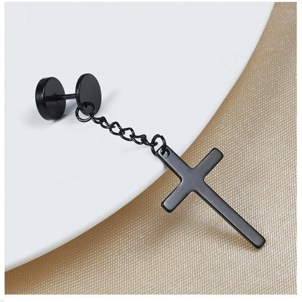 SexeMara 1 Piece Punk Gothic Stainless Steel Stud Earring Cross Round Fake Ear Taper Dumbbell Fashion Women Men Rock Jewelry