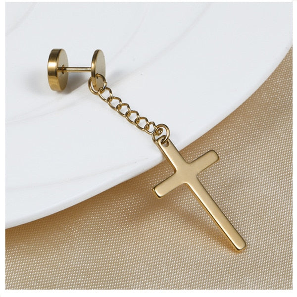 SexeMara 1 Piece Punk Gothic Stainless Steel Stud Earring Cross Round Fake Ear Taper Dumbbell Fashion Women Men Rock Jewelry