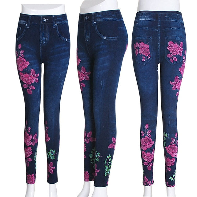 Fashion Slim Women Leggings Plus size Faux Denim Jeans Leggings Long Pocket Printing Summer Leggings Casual Pencil Pants