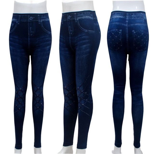 Fashion Slim Women Leggings Plus size Faux Denim Jeans Leggings Long Pocket Printing Summer Leggings Casual Pencil Pants
