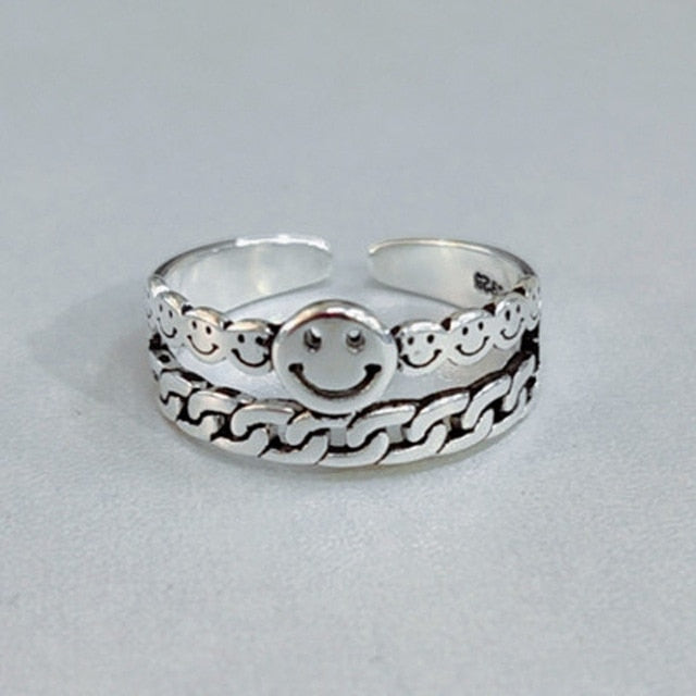High Quality Fashion 925 Sterling Silver Geometric Layer Smile Face Adjustable Rings For Women Wholesale Jewelry