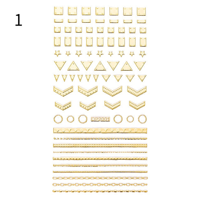 Gold 3D Nail Art Stickers Adhesive Geometric Mixed Design Decals Nail Tips Decoration Manicuring Supplies