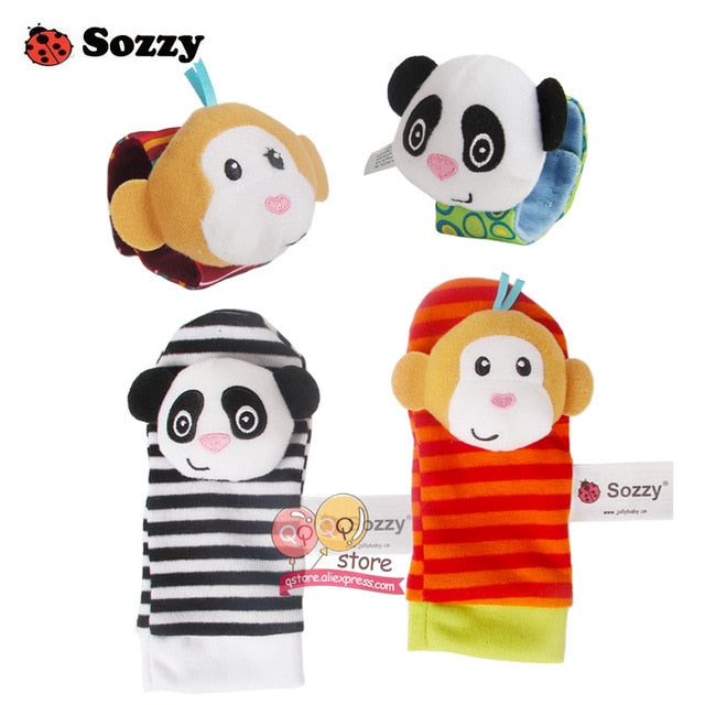 Sozzy Baby Rattles Soft Plush Toys 4 piece Foot Wrist Rattle Set Cartoon Newborn Development Educational Toys for Children Gift