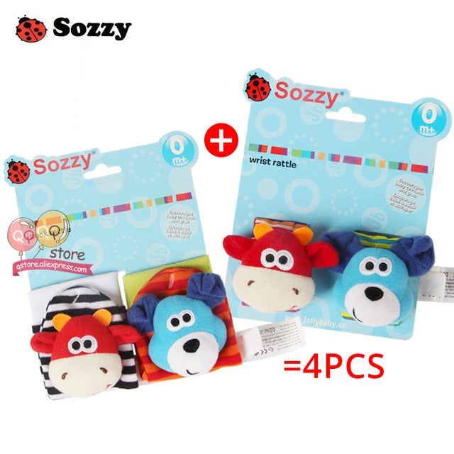 Sozzy Baby Rattles Soft Plush Toys 4 piece Foot Wrist Rattle Set Cartoon Newborn Development Educational Toys for Children Gift