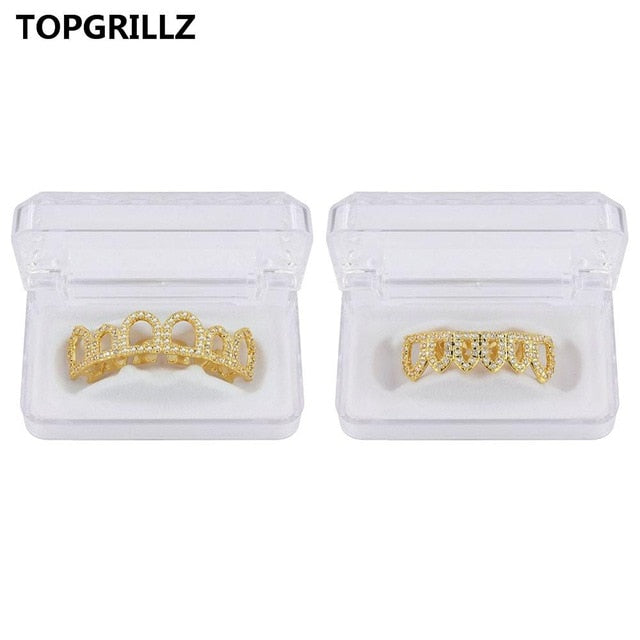 TOPGRILLZ Hip Hop Gold Color Plated Hollow Out Grillz Top &Bottom Teeth CZ Stone Micro Pave Exclusive Luxuries Set Ship From US